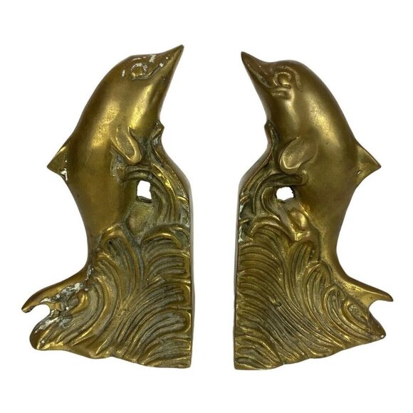 Vintage Brass Dolphin Waves Bookends Mid Century Home Library Decor Taiwan - Picture 1 of 8